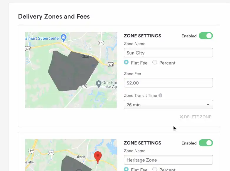 The BentoBox backend UI where restaurants can set delivery zones and custom fees by location