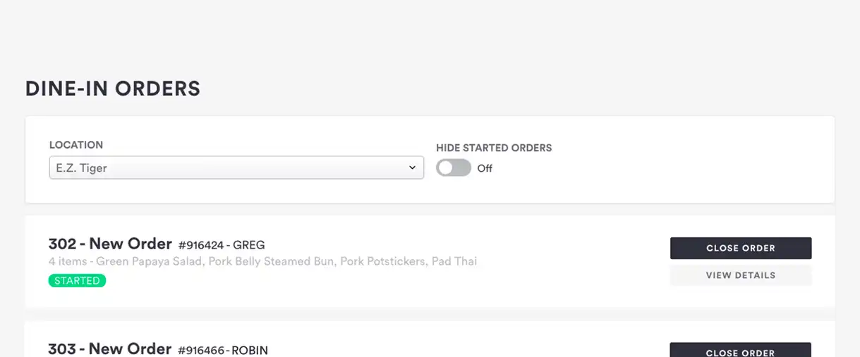 Real-Time Feed for Incoming Dine-In Orders for Restaurants