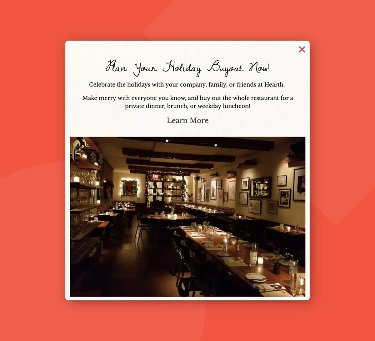 Hearth's homepage alert promoting its venue for a holiday event