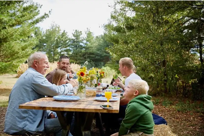 a group of people sitting at a picnic table