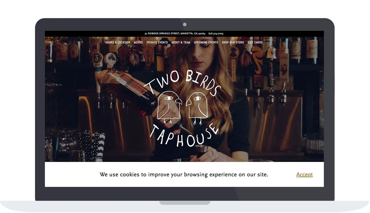 Two Birds Taphouse utilizing a cookie consent alert to inform customers about the way their data is being collected.
