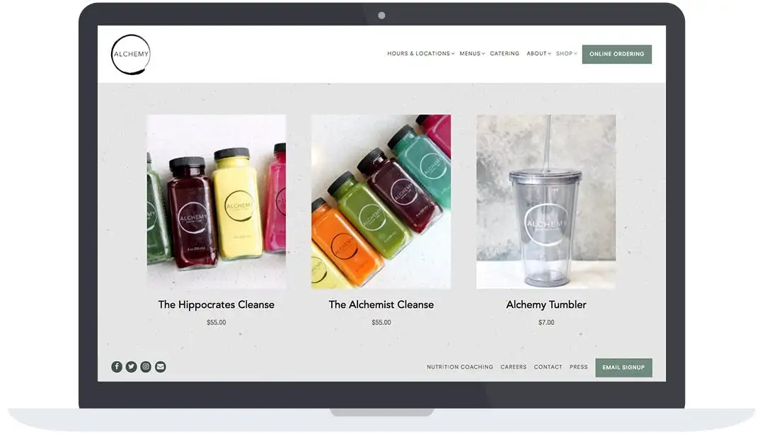 Alchemy Juice Cafe's online store on their website