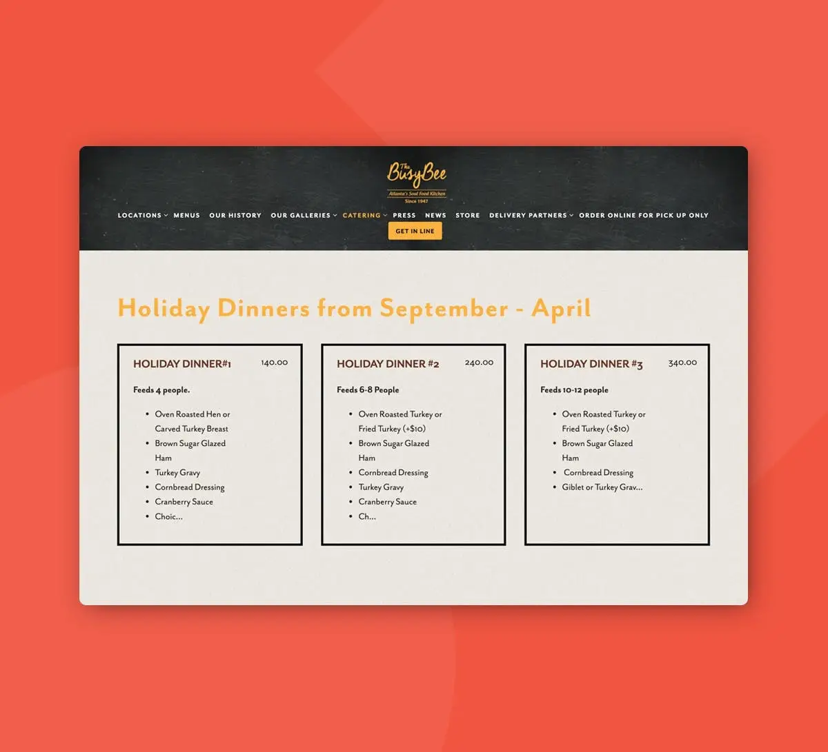 a screenshot of The Busy Bee's holiday-specific catering menus