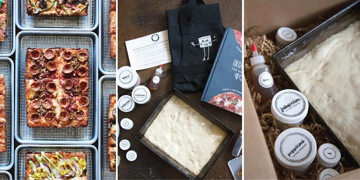 Left to Right: Signature pizza and virtual pizza making kit plus cookbook