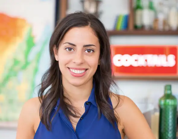 a woman in a blue shirt