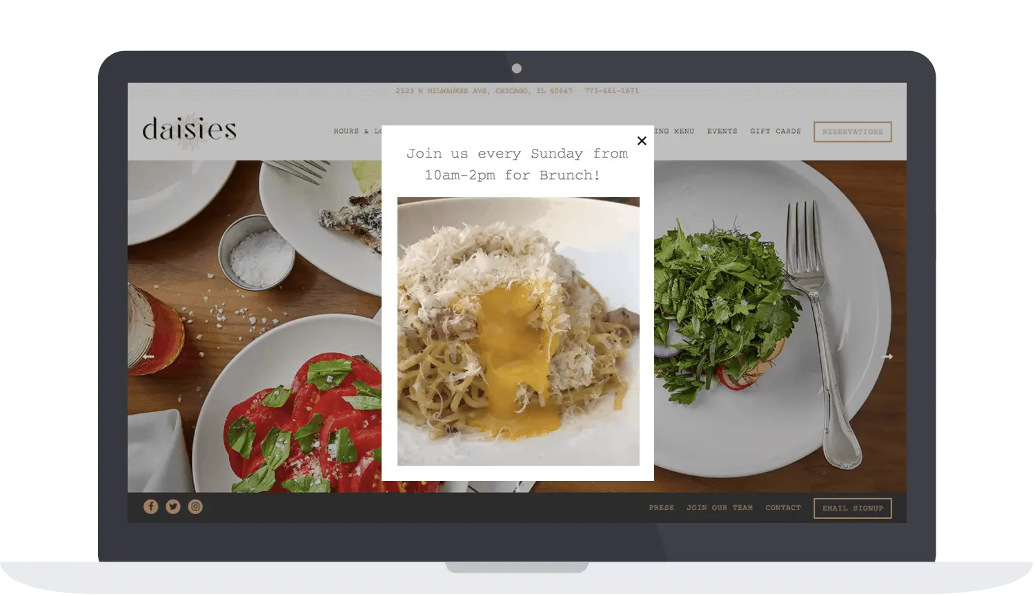daises website with a homepage alert for their brunch