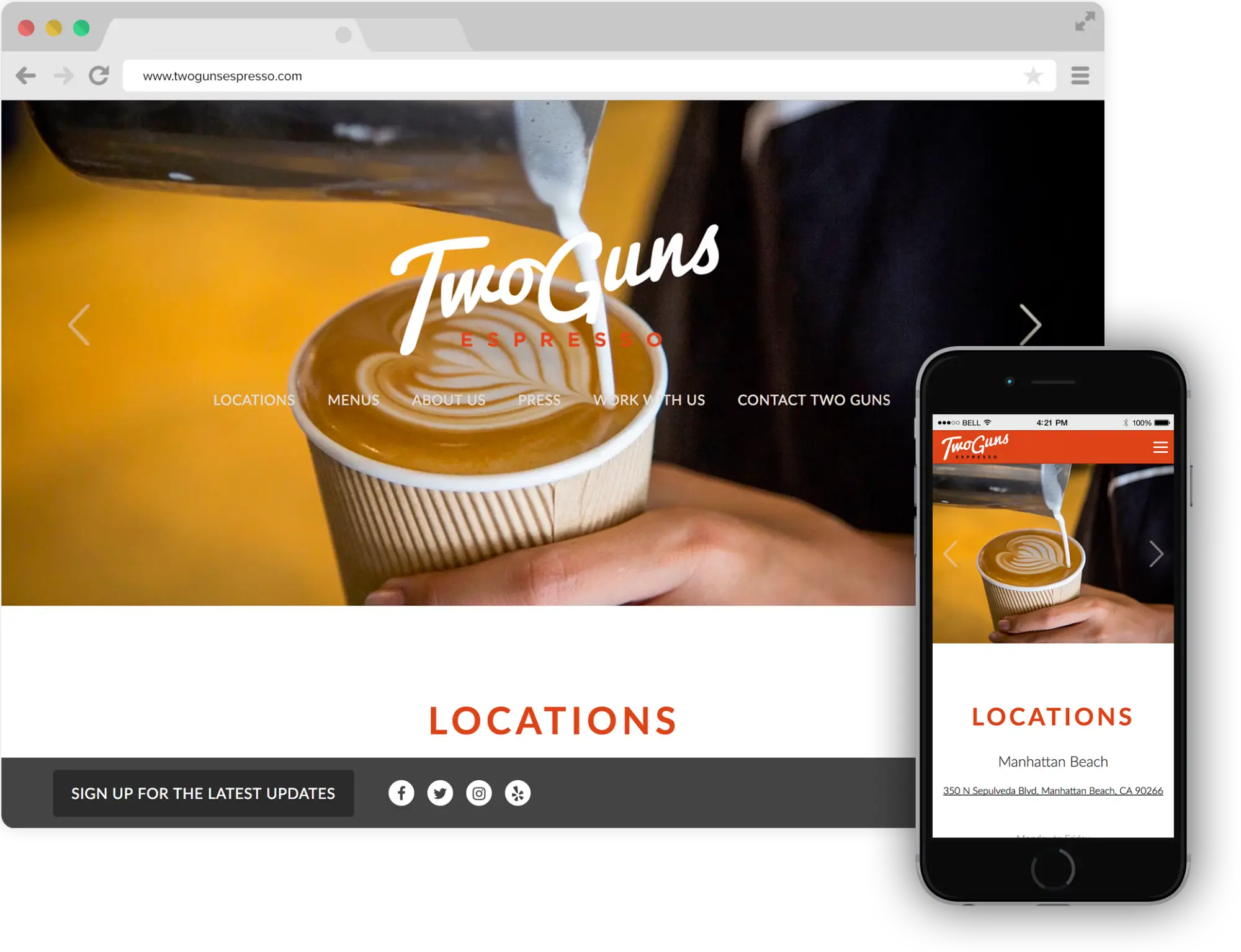 a screen shot of Two Guns Espresso website