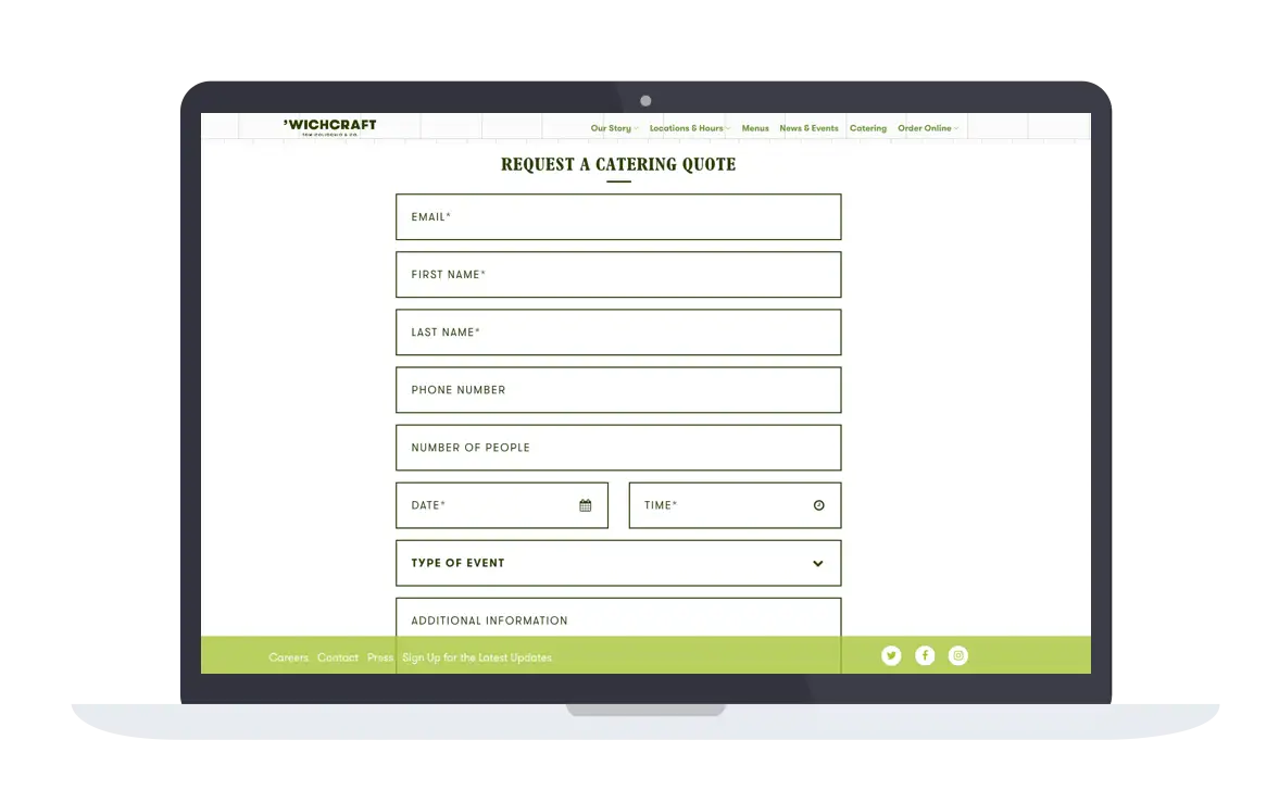 The catering inquiry form on 'Wichcraft's website.