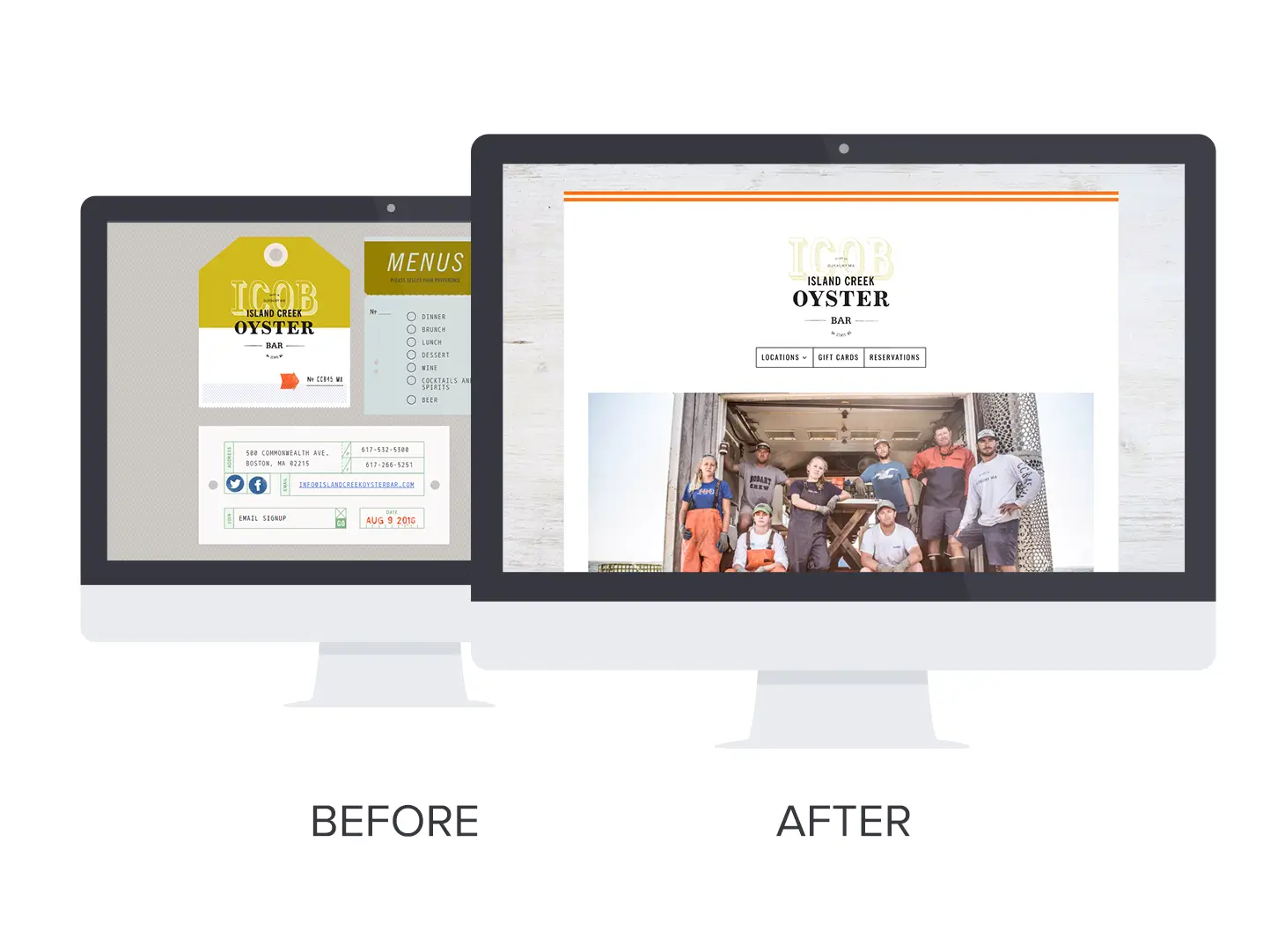 Before and after shots of Island Creek Oyster Bar's website