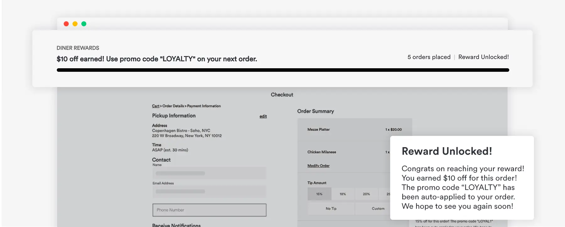 A graphic showing how it notifies a diner once they’ve unlocked a reward — by email and at order checkout.