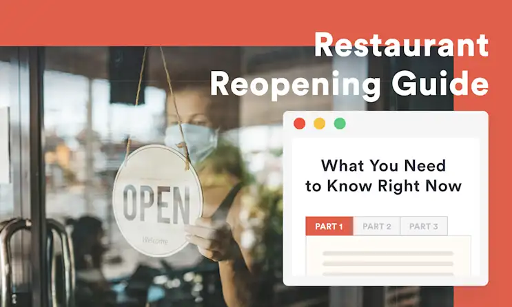 Image of a woman with an open sign and tex that says restaurant reopening guide