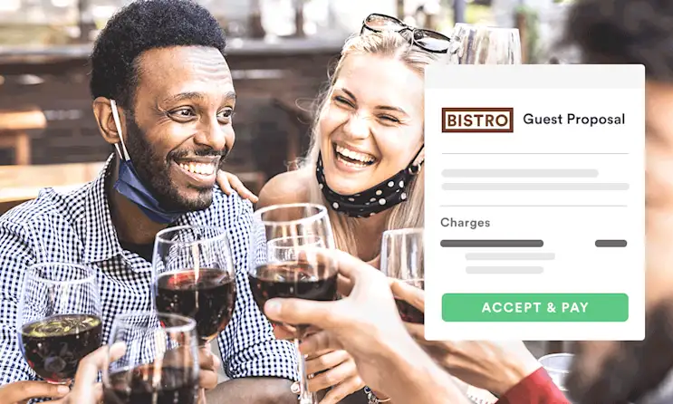 People drinking wine plus events management graphic from BentoBox