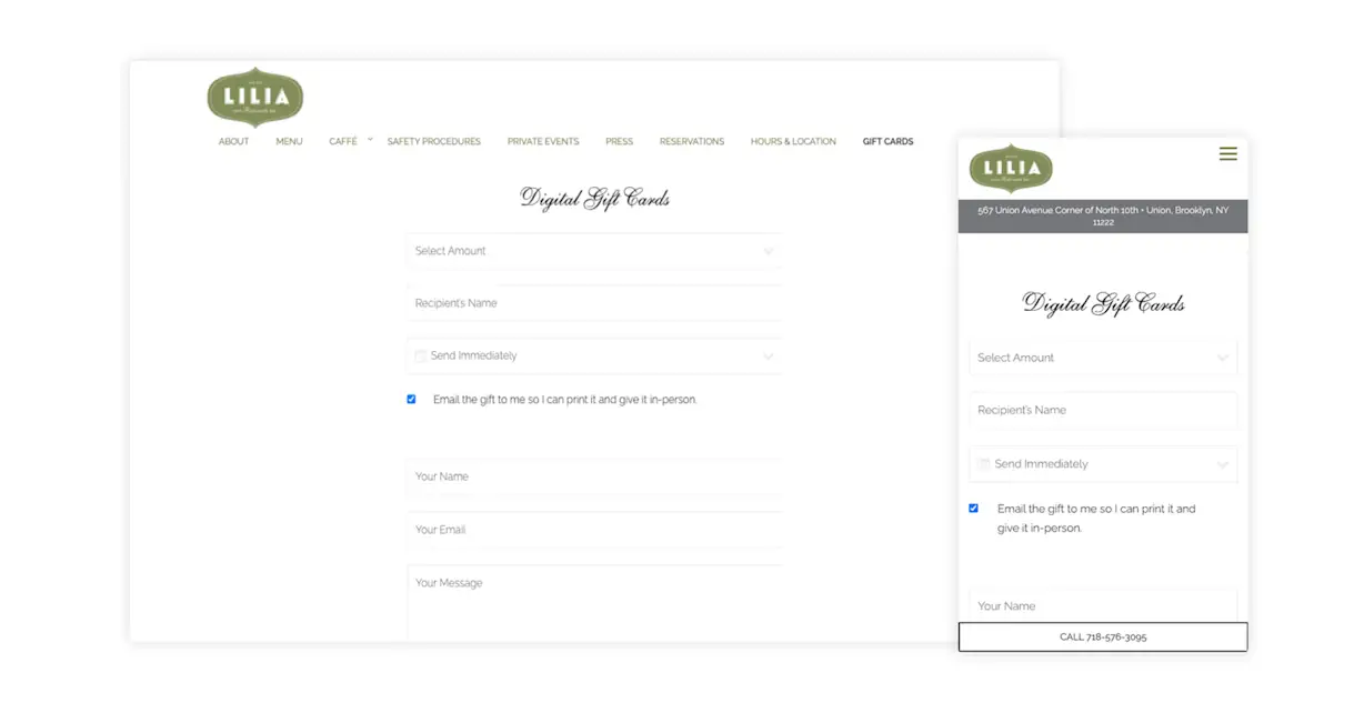A screenshot of a restaurant website