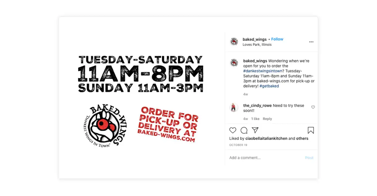 Baked Wings uses Instagram to drive traffic to their website to place online orders