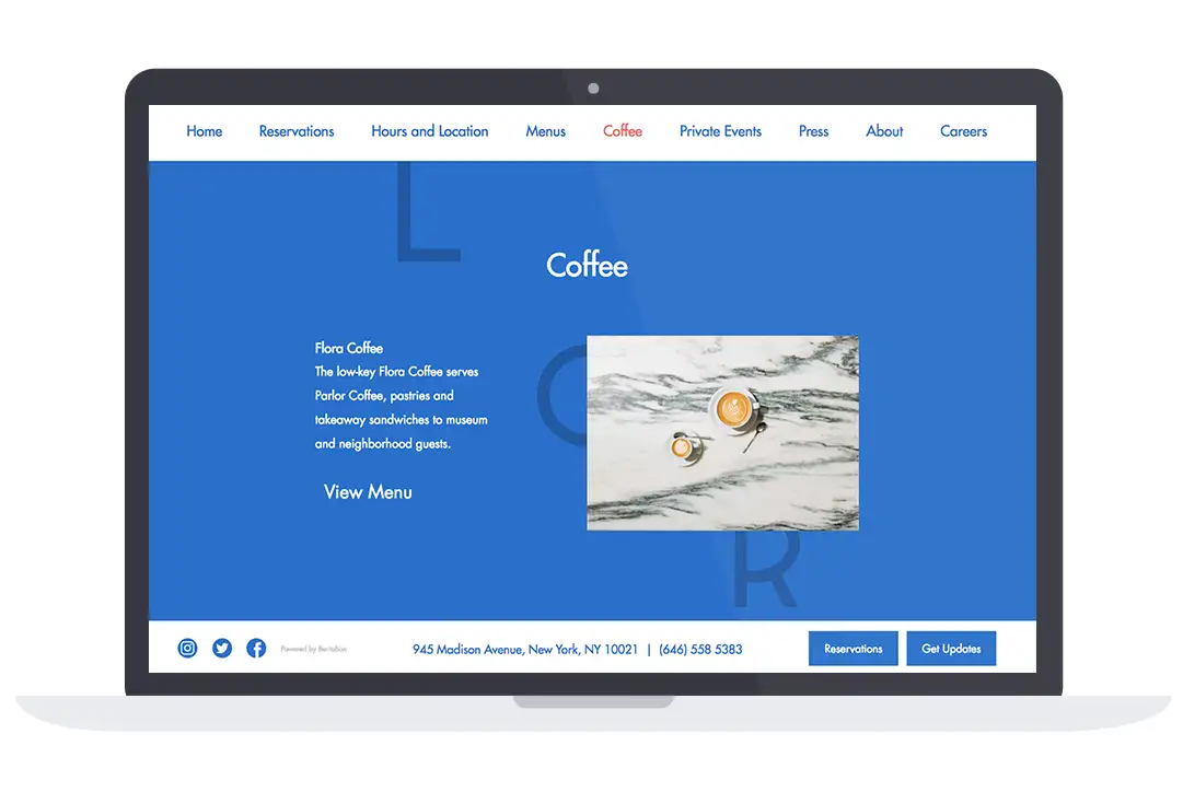 a screenshot of a restaurant website on a computer.