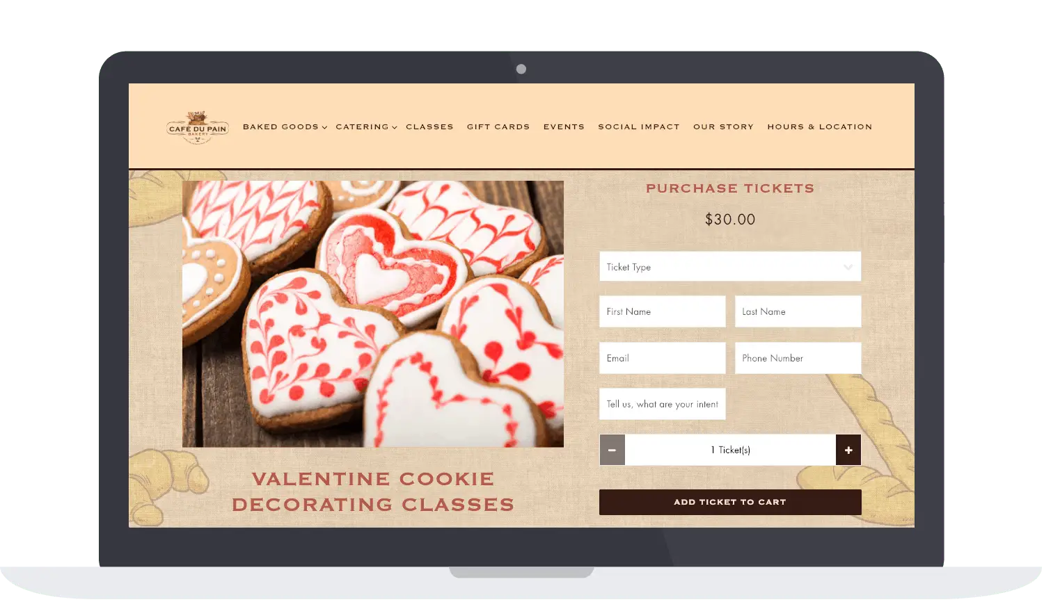 Cafe Du Pain's ticketing page on their website