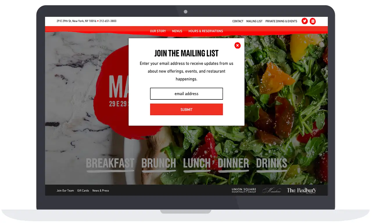 screenshot of a restaurant website