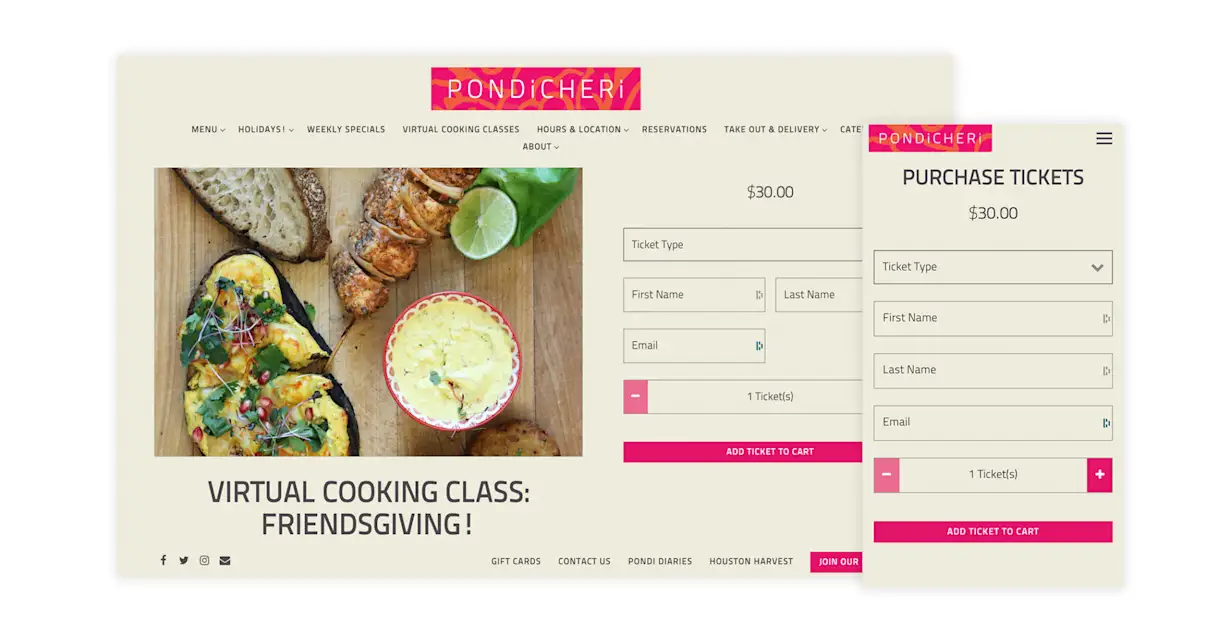 The website for Pondicheri promotes and sells event tickets