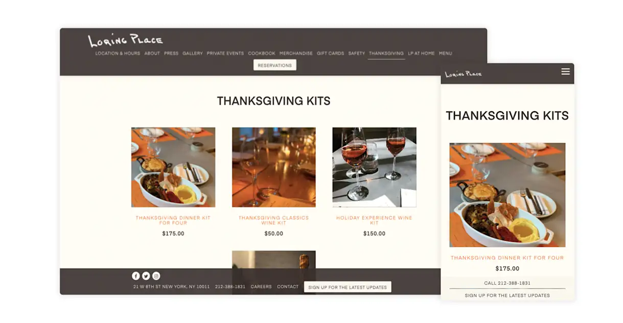 restaurant website for Loring Place