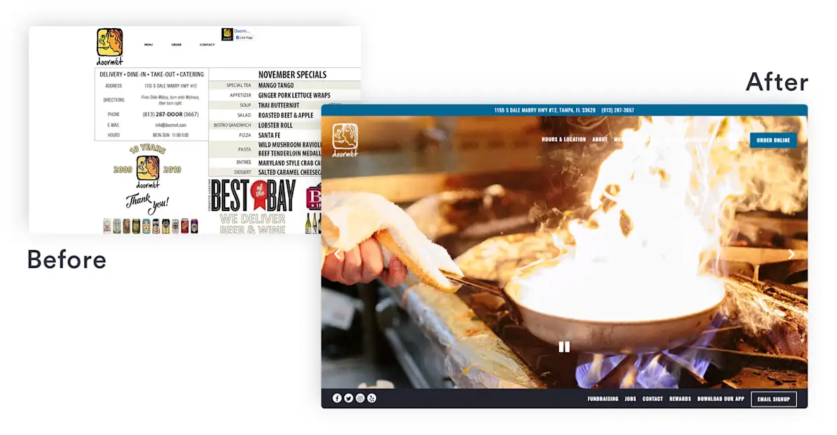 a close up of a restaurant website.