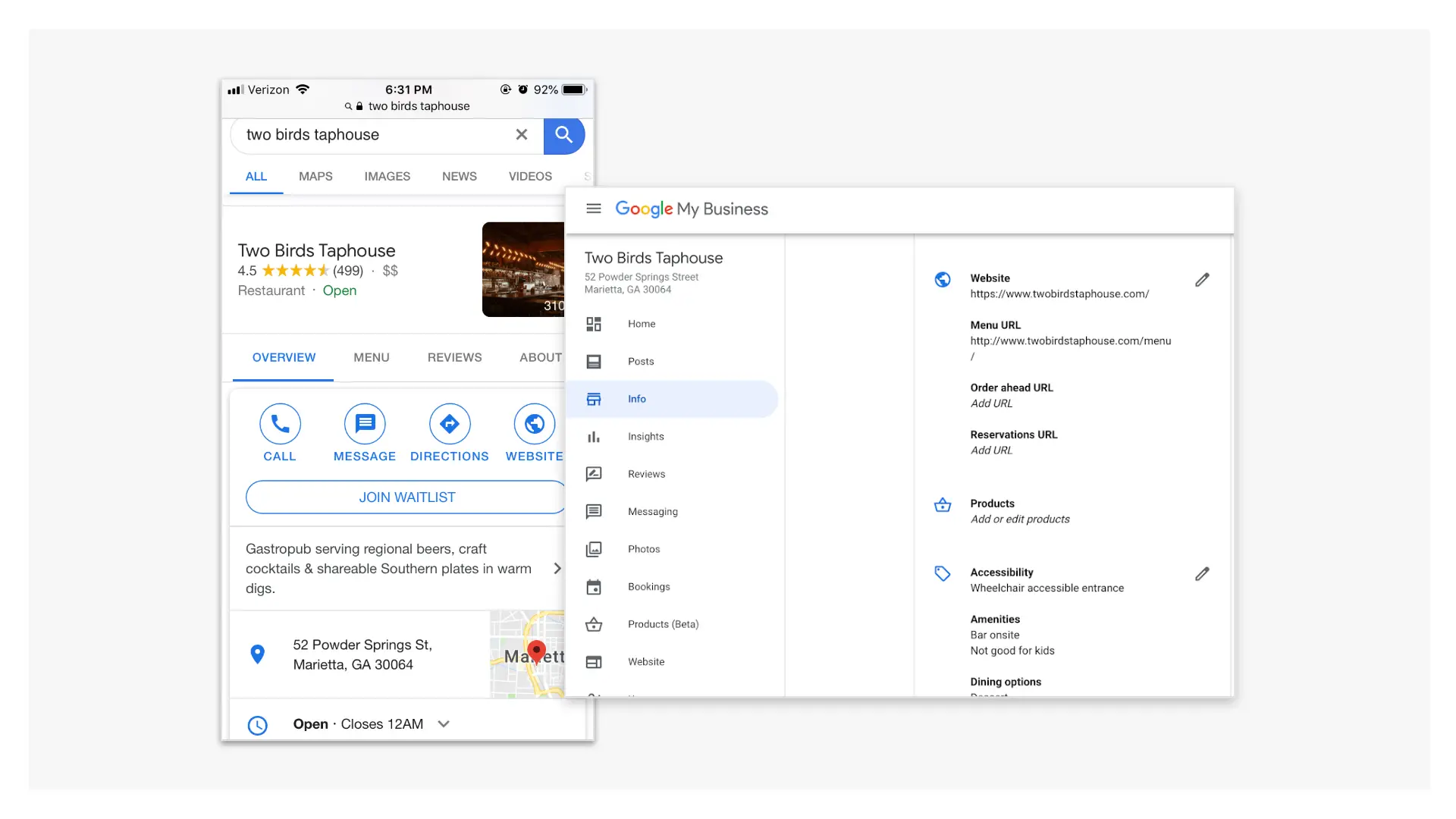 The Two Birds Taphouse Google My Business Page