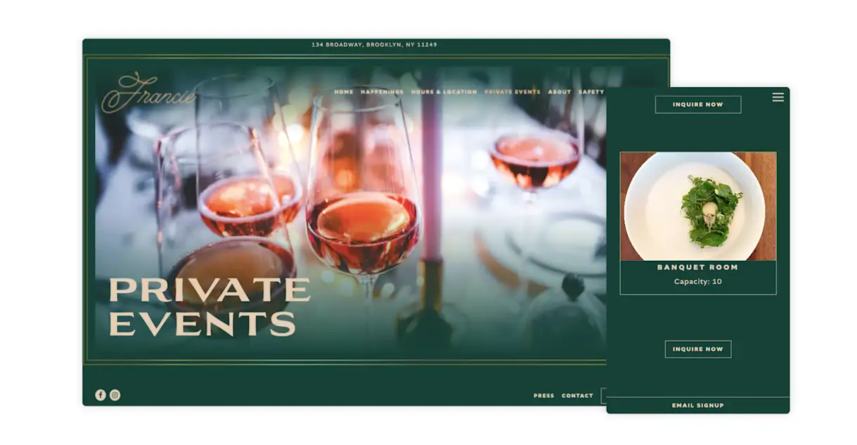 Francie promotes private events on their website