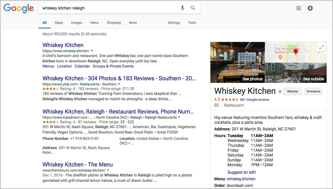 Whiskey kitchen's Google My Business results