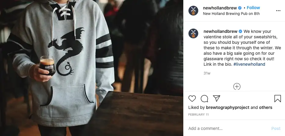 New Holland Brewing Co. promotes their sweatshirts and glassware for purchase online