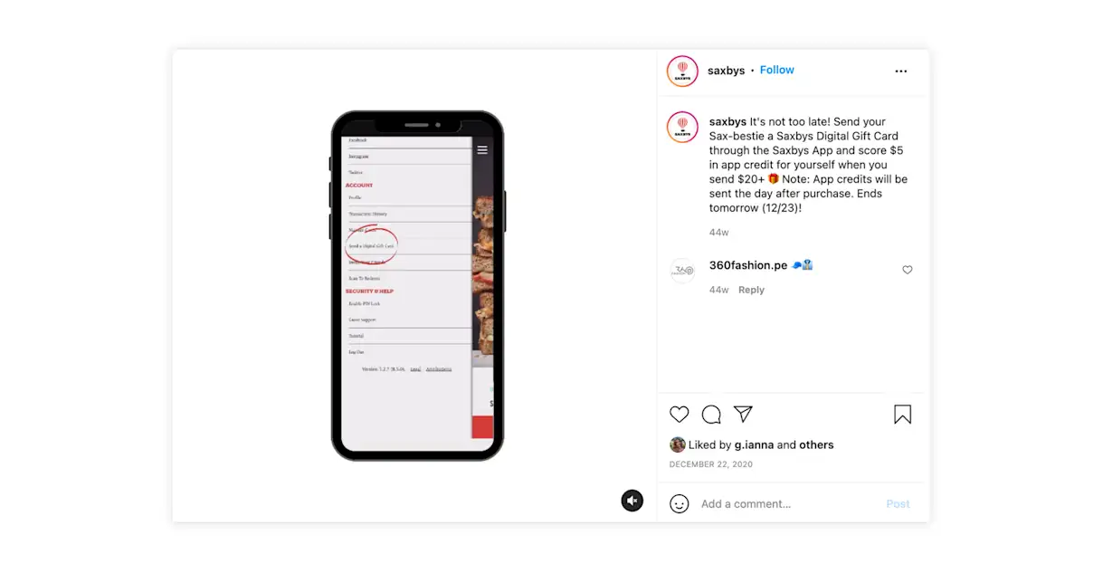 Saxbys promotes gift cards on Instagram