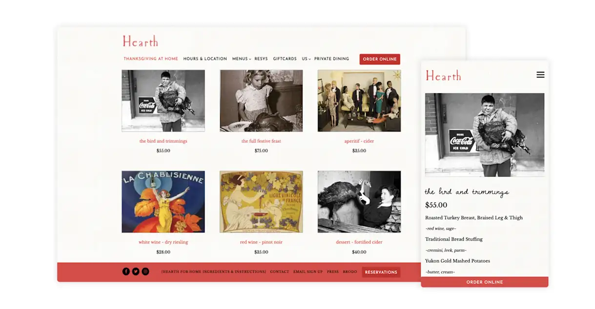 The restaurant website for Hearth