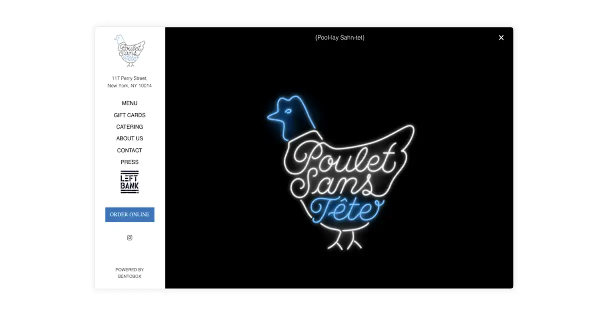 The website for Poulet Sans Tete, a delivery-only restaurant in New York City