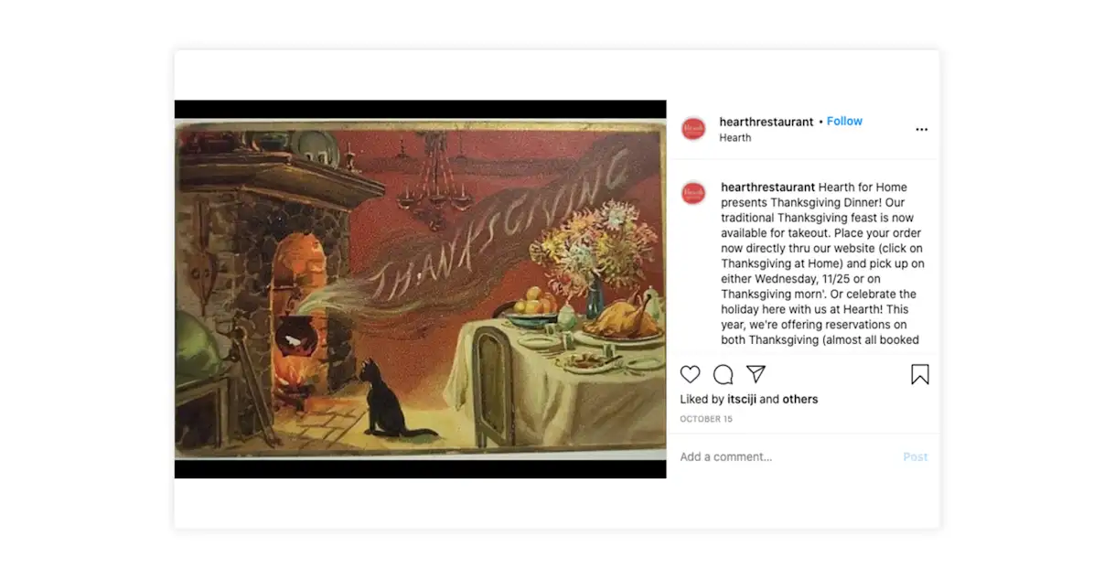 Hearth promotes their “Thanksgiving Feast” via Instagram