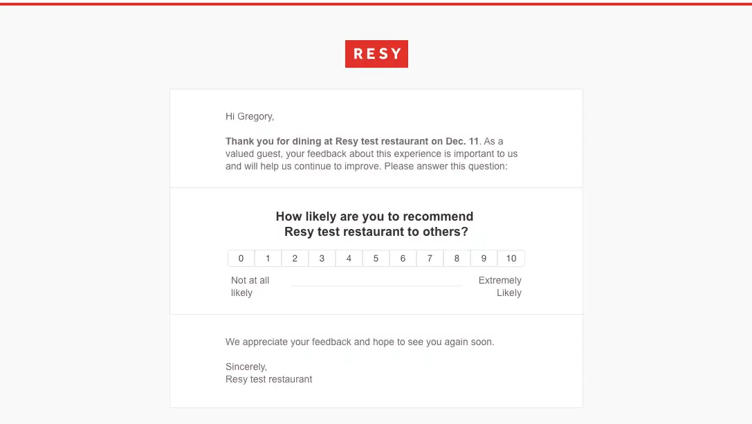 An example of the Resy survey email that recent diners receive