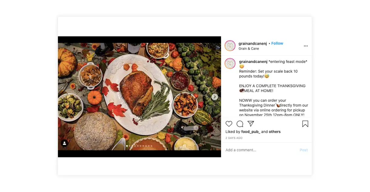 Grain & Cane promotes Thanksgiving on their Instagram