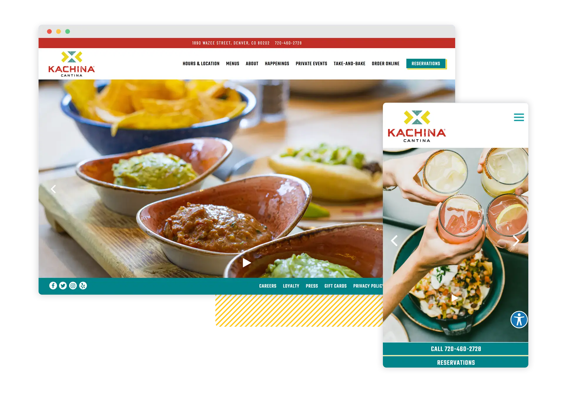 After BentoBox: The desktop and mobile version of the website for Kachina Cantina