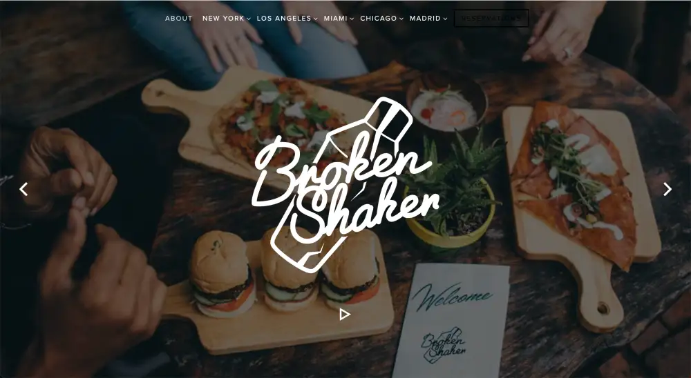 The website home page for the restaurant Broken Shaker.