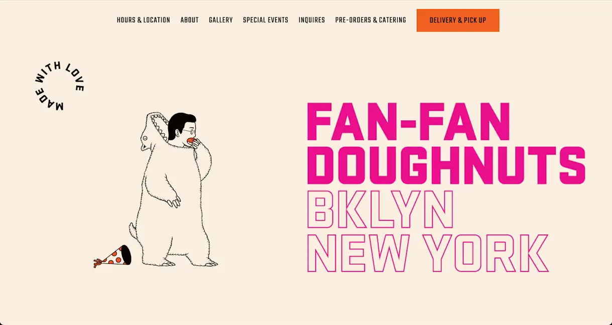 A dinosaur man taking a bite of a pink doughnut.