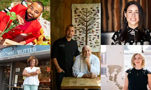 Collage of Wille Coleman, Myriam Nicolas, Marc Forgione & Larry Forgione, Amanda Flores, and Paige McNeil