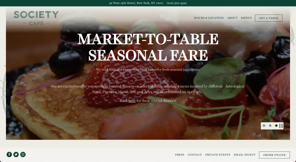 The website home page for the restaurant Society Cafe.